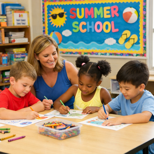 photo of woman with three children coloring and a summer banner on a bulleiten board behind them